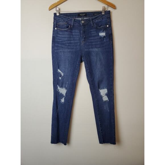 Judy Blue 7/28 MID Rise Skinny Jeans Blue Distressed FRAY RAW Hems Stretch - Picture 2 of 13